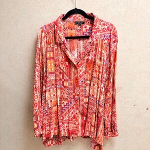 Rachel Zoe XL Womens Boho Festival Geo Artistic‎ Colorful Buttons Blouse